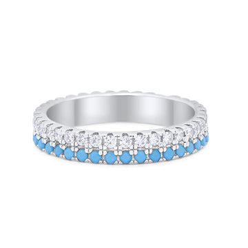 Double Row Eternity Style Band Round Simulated Tuquoise Cubic Zirconia 925 Sterling Silver
